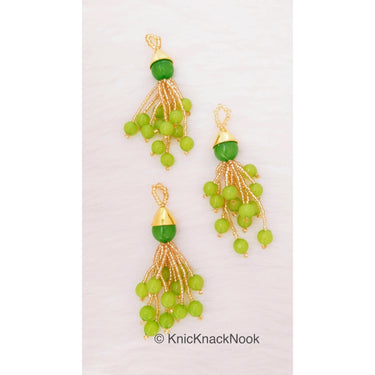 Green Beads Tassels Latkan, Indian Antique Distressed Latkans, Gold Beaded Danglers
